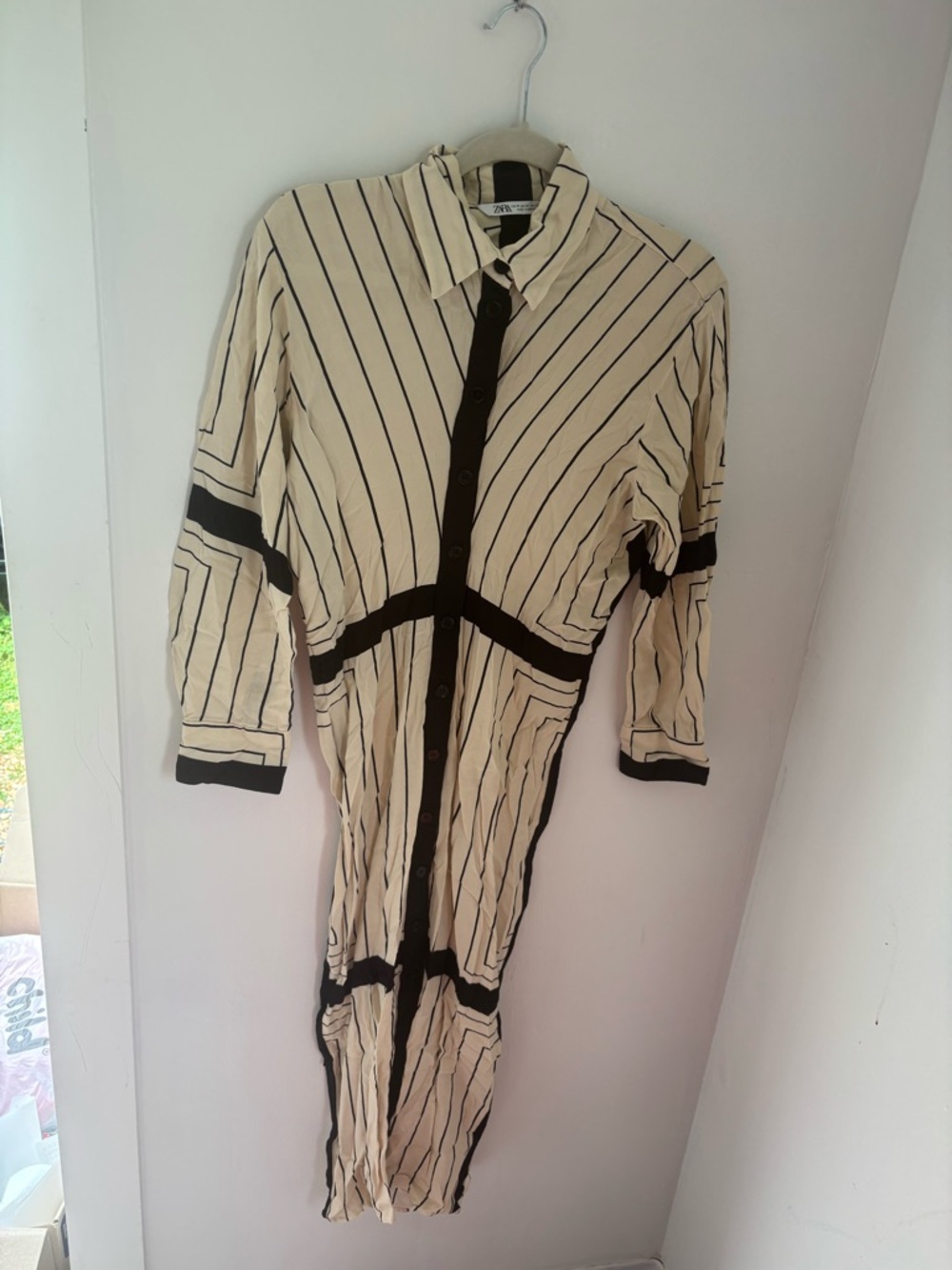 Zara Medium Striped Long Button-Front Dress in Cream and Black - Picture 4 of 6